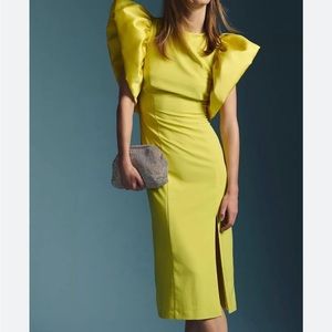 NWT ANTHROPOLOGIE HUTCH PUFF SLEEVE SLIM MIDI DRESS CHARTREUSE YELLOW M Medium